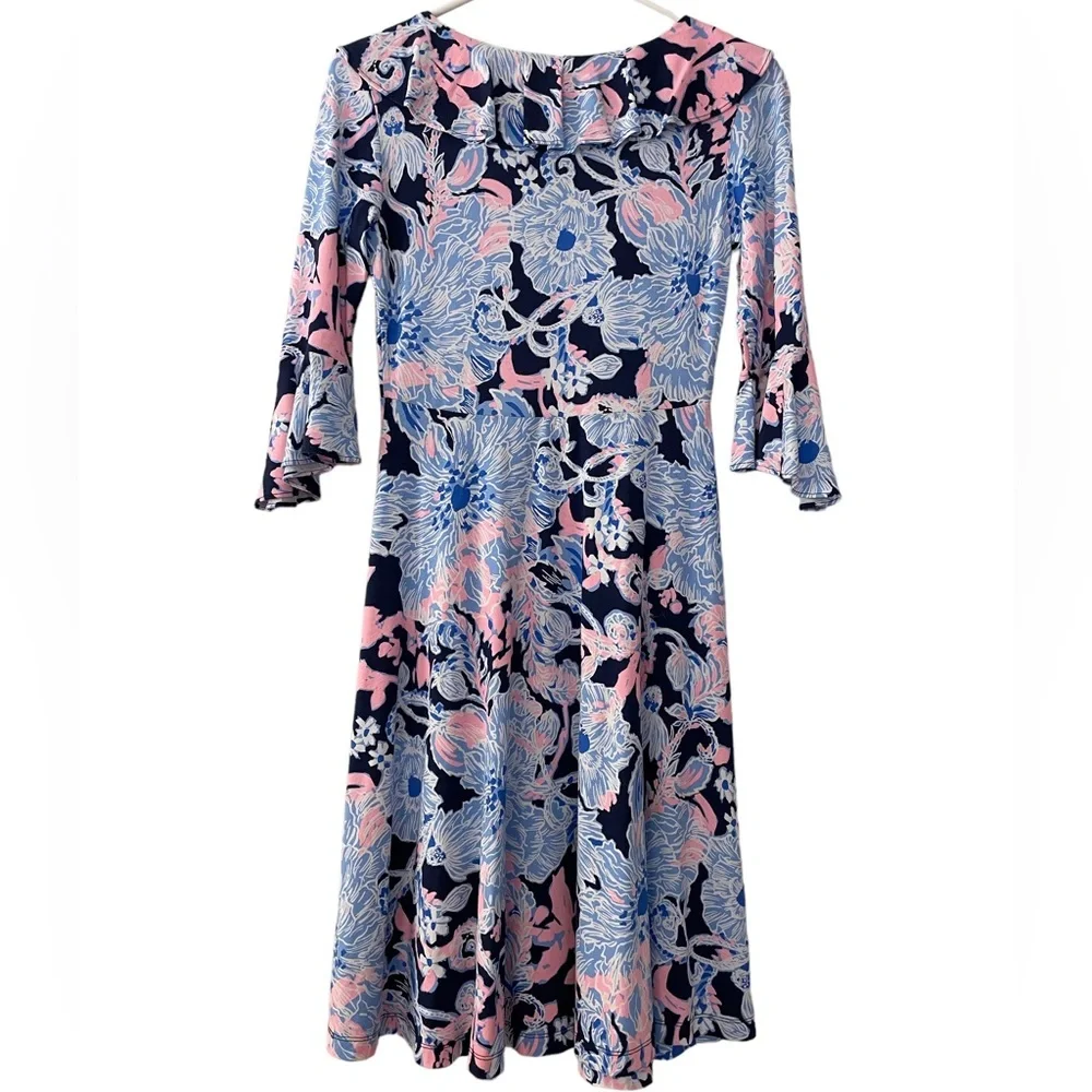 🌸 Lilly Pulitzer Stirling Ruffle Dress 3/4 Bell Sleeve, Bright Navy Amore Please - Picture 4 of 14